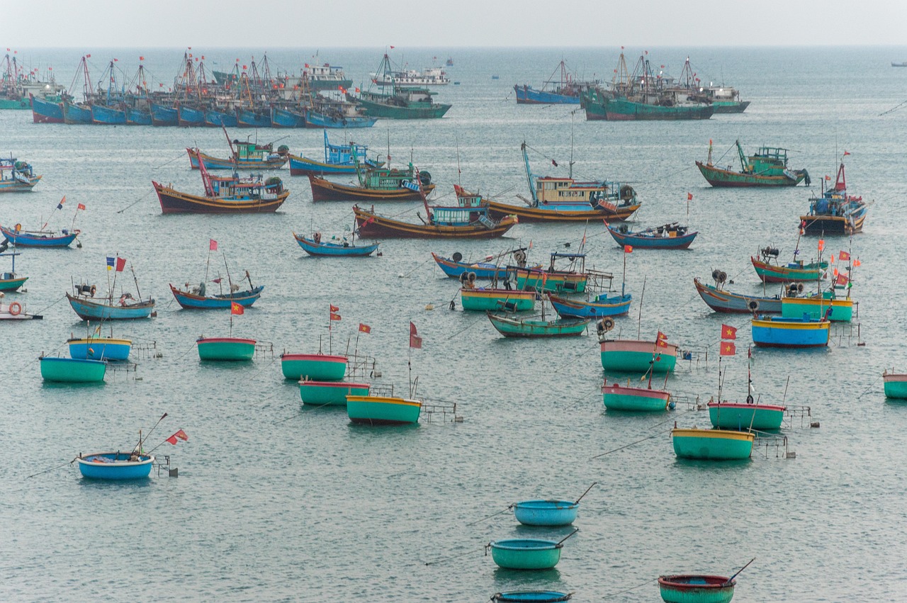 Colourful fishing boats on calm Australian waters